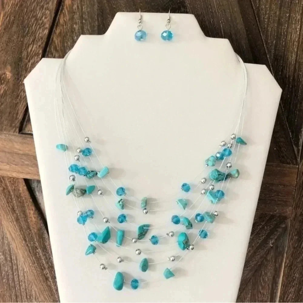 Turquoise Howlite & Blue Crystal Floating Beads Handmade Necklace & Earrings Set
